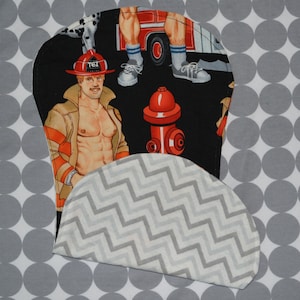 Hunky Firemen, Pin Up, Burp Cloth, Unique, with Grey Chevron Print, Alexander Henry, inappropriate