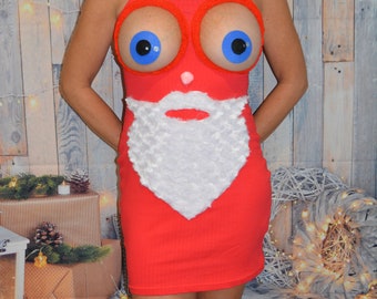 Cara de Papá Noel, suéter navideño feo y sexy, santa con ojos de insecto, hecho para tus pechos desnudos, ojos de tetas, ver detalles, pecho, vestido, múltiples versiones