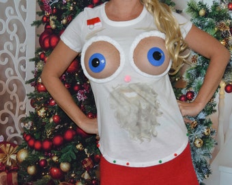 Camiseta con cara de Papá Noel, suéter navideño feo y sexy, Papá Noel con ojos de insecto, Hecho para tus PECHOS DESNUDOS, ojos de tetas, ver detalles, disfraz, ganar el concurso