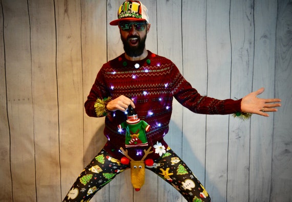 Mens Ugly Christmas Sweater, Liquor Beer Holder Party Pocket, XL, L, christmas lights