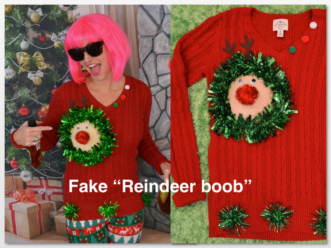 Ugly Christmas Sweater, Fake Boob, Reindeer Boob, Breast, Jumper