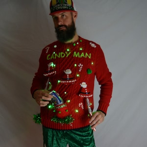 Large, Ugly Christmas sweater, Candyman,  beer or flask pocket, men, contest winner, santa, unique