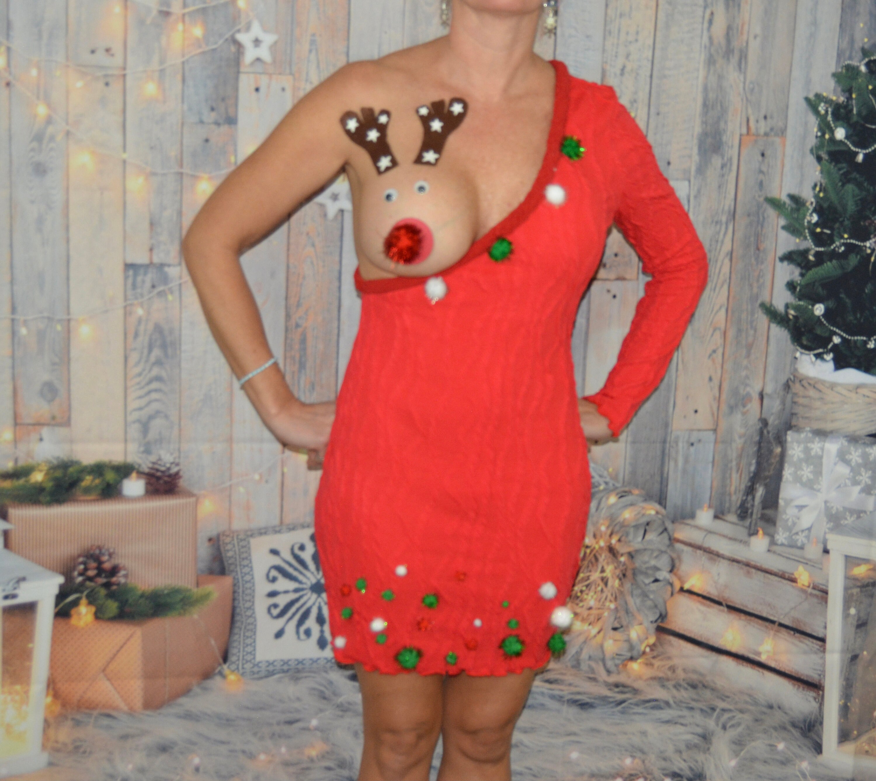 Small Sexy Ugly Christmas Sweater Dress Made for Your BARE Breast Cut Out See Details One Shoulder Reindeer Boob One of a Kind Etsy