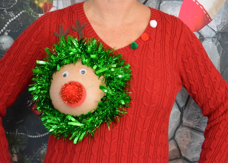 Sexy Ugly Christmas Sweater, it is NOT A PLASTIC boob, cut out, see details, boob, breast, jumper, reindeer boob, multi versions image 7