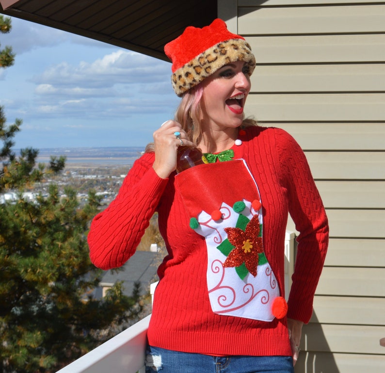 christmas sweater with stocking wine holder
