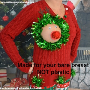 Sexy Ugly Christmas Sweater, it is NOT A PLASTIC boob, cut out, see details, boob, breast, jumper, reindeer boob, multi versions image 1