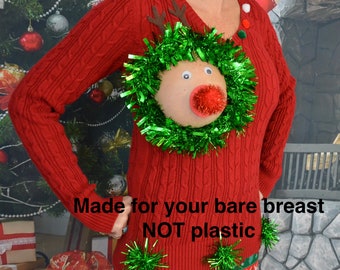 Sexy Ugly Christmas Sweater, it is NOT A PLASTIC boob, cut out, see details, boob, breast, jumper, reindeer boob, multi versions