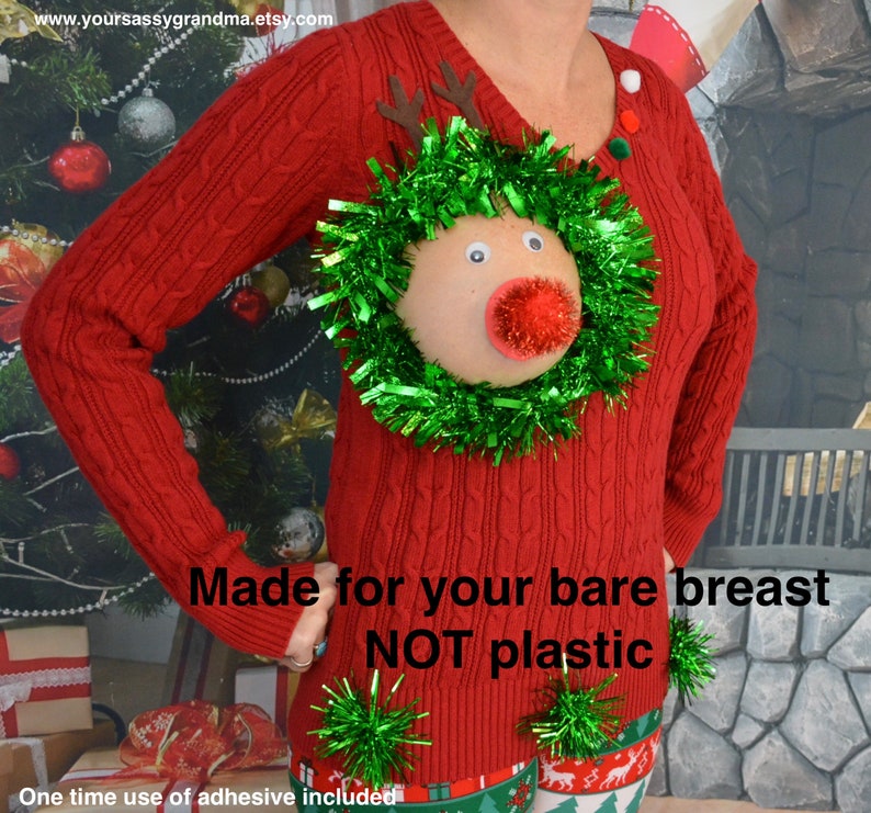 Sexy Ugly Christmas Sweater, it is NOT A PLASTIC boob, cut out, see details, boob, breast, jumper, reindeer boob, multi versions image 1