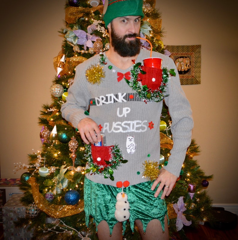 XL Ugly Christmas Sweater Drink up Pussies Cat Beer Etsy