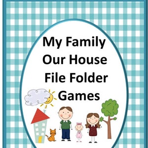 May include: A blue and white checkered background with a white oval containing a cartoon family, a house, a cat, a sun, and a tree. The text "My Family Our House File Folder Games" is in black text. The text "smalltowngiggles" is in black text at the bottom of the oval.