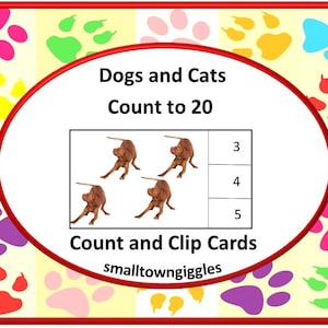Cani e gatti contano fino a 20 carte conteggio e clip, scheda attività stampabile, centri di matematica, amanti dei cani e dei gatti. Scuola materna, educazione speciale, scuola materna