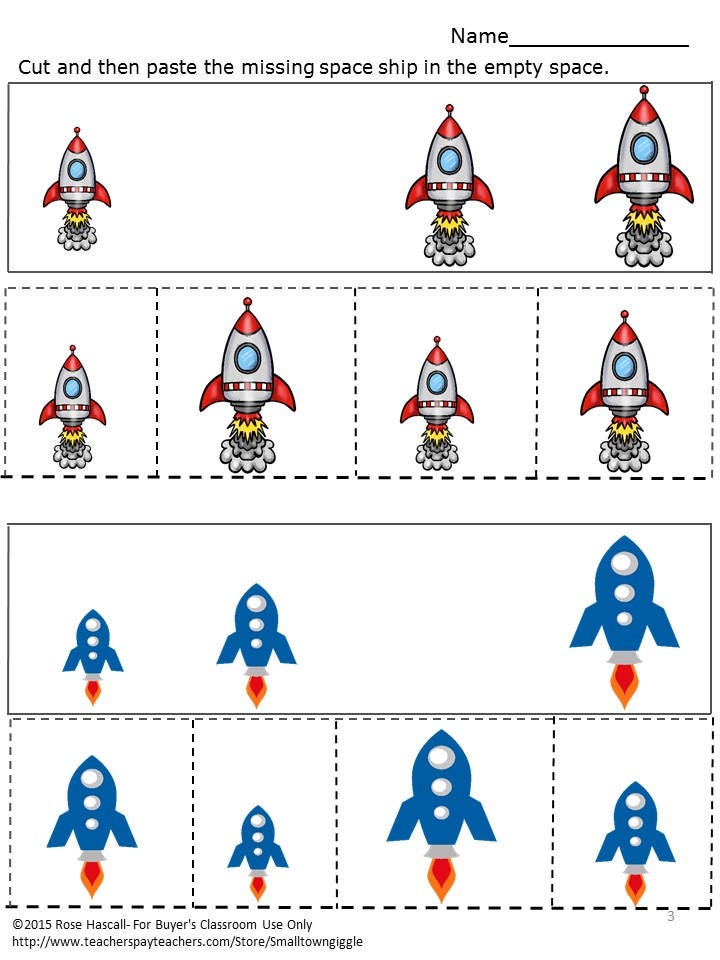 Sorting by Size Space Ships Cut and Paste Worksheet Set Preschool ...