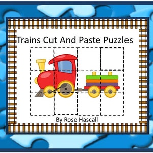 Può includere: Un puzzle stampabile da ritagliare e incollare con un treno giocattolo rosso con un vagone verde, arancione e viola. Il titolo del puzzle è "Trains Cut And Paste Puzzles" e l'autore è "By Rose Hascall".