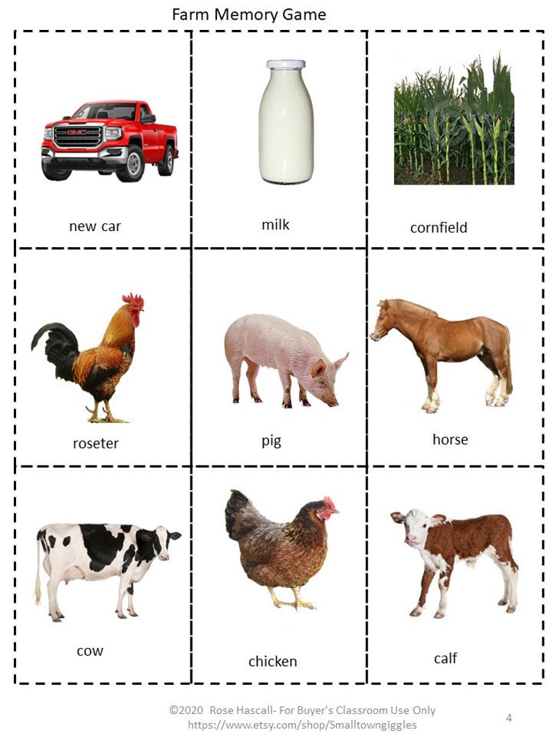 Farm Memory Matching Game Early Childhood Kindergarten Etsy