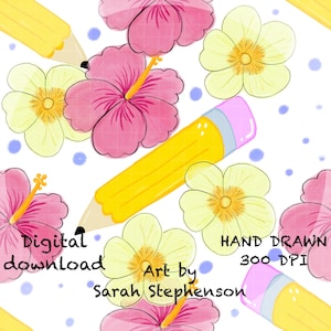 May include: A digital pattern featuring yellow pencils with pink erasers interspersed with pink hibiscus and pale yellow flowers on a white background with small blue dots. Text reads: Digital download, Art by Sarah Stephenson, HAND DRAWN 300 DPI.