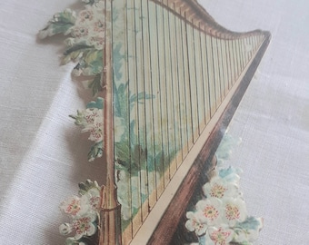 Victorian Harp Scrap: 1880s Chromo Embossed Die Cut