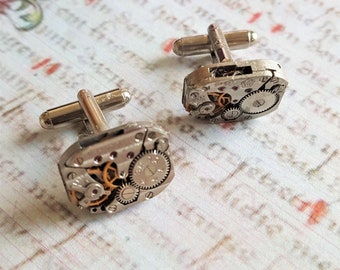 Abotoaduras Steampunk, Movimentos de relógios vintage, Tom prateado, Acessórios masculinos, Joias góticas, Presente para homens, Dia dos pais