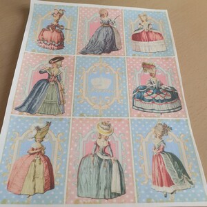 Printed Fabric Panel, Marie Antoinette, Cotton, 9 x 11 Inches, Set of 9 ATC,  Quilt Blocks, Journal Cover, Doll House Decor