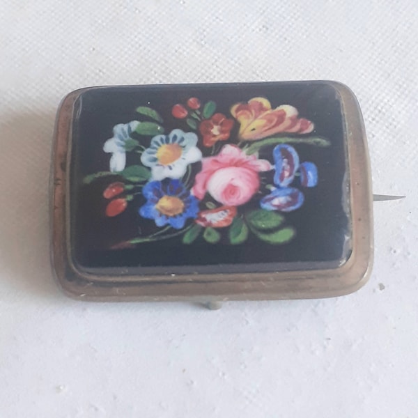 Broche de esmalte victoriano, pintado a mano, negro, diseño floral, década de 1890, joyería de luto, cierre C, abuela Chic