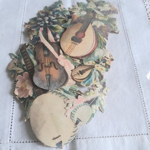 Victorian Chromo Scraps, Musical Instruments, Antique Die Cuts, 1880s Decoupage Scraps, Victorian Ephemera, Antique Journal Supplies