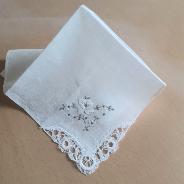 Vintage White Wedding Handkerchief, Lace,  Something Old/Blue, Flowers, Hand Embroidered Hankie, Vintage Linen, Bride Gift, Gift Mothers Day