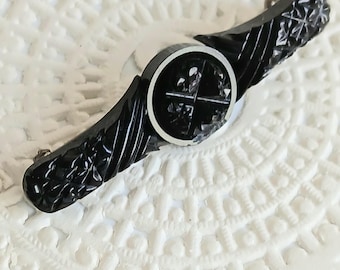 Antique Hand Carved Jet Mourning Brooch, Victorian Gothic Jewelry