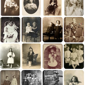May include: A collection of sixteen vintage sepia-toned photographs featuring children in historical attire. The images display various poses, including portraits, groups, and children with props like bicycles, chairs, and musical instruments.