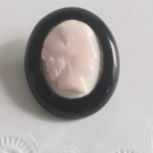 Victorian Mourning Brooch, Whitby Jet, Pressed Glass, Black, Cameo Design, Hand Carved,  1890s ,  Mourning Jewellery, C Clasp