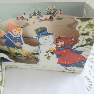Vintage Weihnachtskarte, Schneemann, Box Pop Up 3D Front, Retro Weihnachten, Vintage Ephemera, Sammlerstück