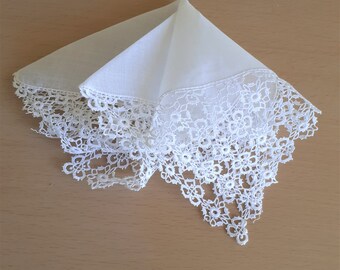 Vintage Wedding Bride Handkerchief, Something Old,  Lace Flower Motif,  White Cotton,  Mother of the Bride,   Wedding Gift, Vintage Linen