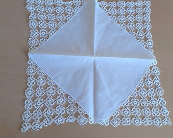 Vintage Wedding Bride Handkerchief Something Old Lace Flower Motif White Cotton Mother of the Bride  Wedding Gift Linen Sewing Supplies