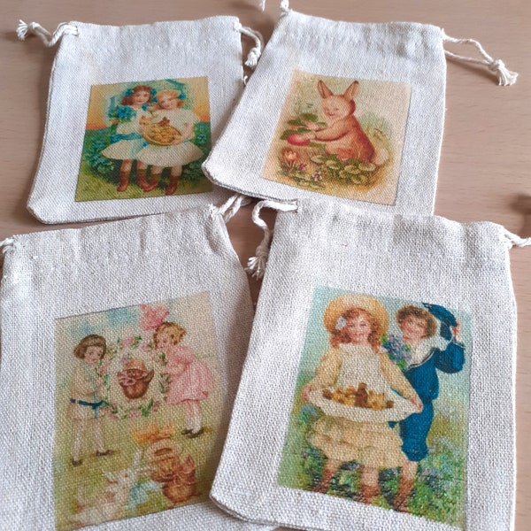 Easter/Spring Gift Bags, Natural Linen, Victorian Children, Chicks, Eggs, Bunny, Vintage Style Gift/Jewellery Drawstring Bags 5 x 4 inches