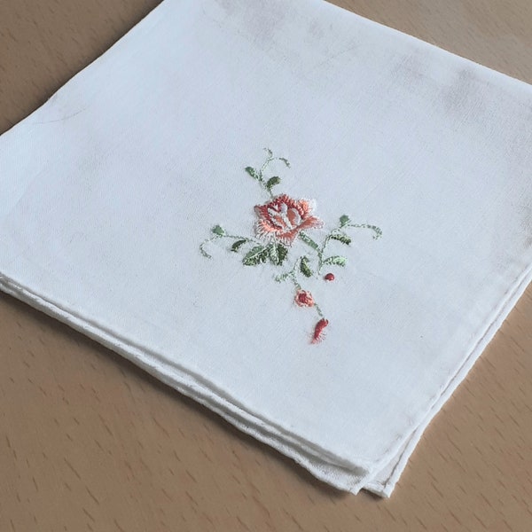 Vintage White Wedding Handkerchief, Pink, Something Old/Blue, Flowers, Hand Embroidered Hankie, Vintage Linen, Bride Gift, Gift Mothers Day