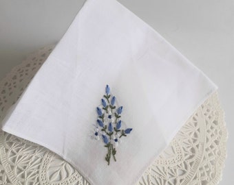 Vintage Wedding Handkerchief, Something Old/blue, White Cotton Hankie, Hand Embroidered,  Vintage Linen Sewing Supplies Bride Gift