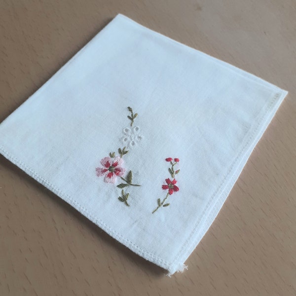 Vintage White Wedding Handkerchief, Pink, Something Old/Blue, Flowers, Hand Embroidered Hankie, Vintage Linen, Bride Gift, Gift Mothers Day