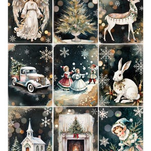 May include: A collection of nine rectangular Christmas-themed art prints featuring an angel, a decorated tree, a reindeer, a vintage truck with a tree, children playing in snow, a white rabbit, a church, a fireplace, and a festive figure.