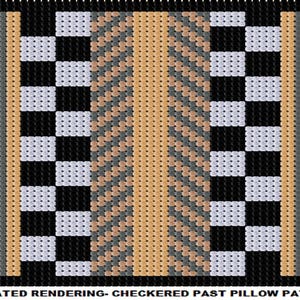 May include: A pillow pattern design featuring a checkered pattern in black and white, with a central vertical stripe in gold and gray. The design includes the text "SIMULATED RENDERING- CHECKERED PAST PILLOW PATTERN".