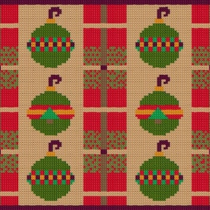 Puede incluir: Un patrón de punto de cruz con nueve adornos navideños verdes con detalles rojos, amarillos y azules. Los adornos están dispuestos en una cuadrícula sobre un fondo beige con cuadrados de cuadros rojos y verdes.