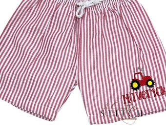 Monogrammed Swim Trunks Red Tractor