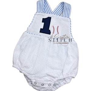 Baseball Birthday Seersucker Sunsuit | Baseball First Birthday Appliqué | Custom Birthday Sunsuit | Vintage Baseball