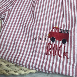 Monogrammed Firetruck Swim Trunks | Red Seersucker Swim Trunks