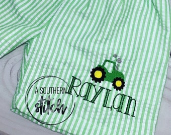 Monogrammed Tractor Swim Trunks | Toddler Boy Seersucker Swim Trunks | Tractors | Embroidery | Summer | Monogram