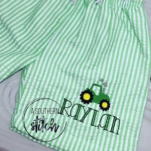 Monogrammed Tractor Swim Trunks | Toddler Boy Seersucker Swim Trunks | Tractors | Embroidery | Summer | Monogram