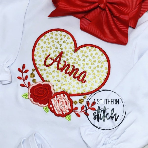 Valentine's Day Shirt | Floral Heart Applique | Monogram | Girls Vday Shirt