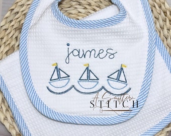 Seersucker  Monogram Bib + Burp Cloth Set | Baby Gift | Monogram