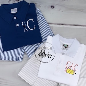 Back to School Polo Only| Mini Pencil + 3 Letter Monogram | White Polo | Mini Embroidery