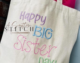 Glückliche große Schwester-Tagesleinentasche | Bestickte Geschenktüte