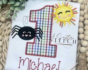 Esse Bitsy Spinne Geburtstag | Primäre Karo Applikation | Personalisiertes Geburtstags-Shirt | Junge Sunshine Spider Shirt | Bunte Applikation