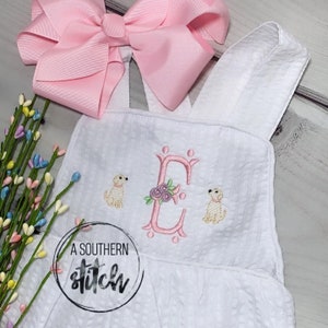 Mini Pups + Single Floral Letter Monogram | Embroidered Sunsuit | White Seersucker Sunsuit
