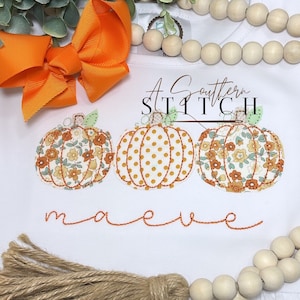 Vintage Floral Pumpkin Trio Applique | Fall Shirt or Dress  | Girl Pumpkin Applique Shirt